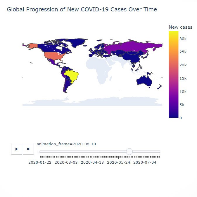 Heat map of global COVID-19 cases over time